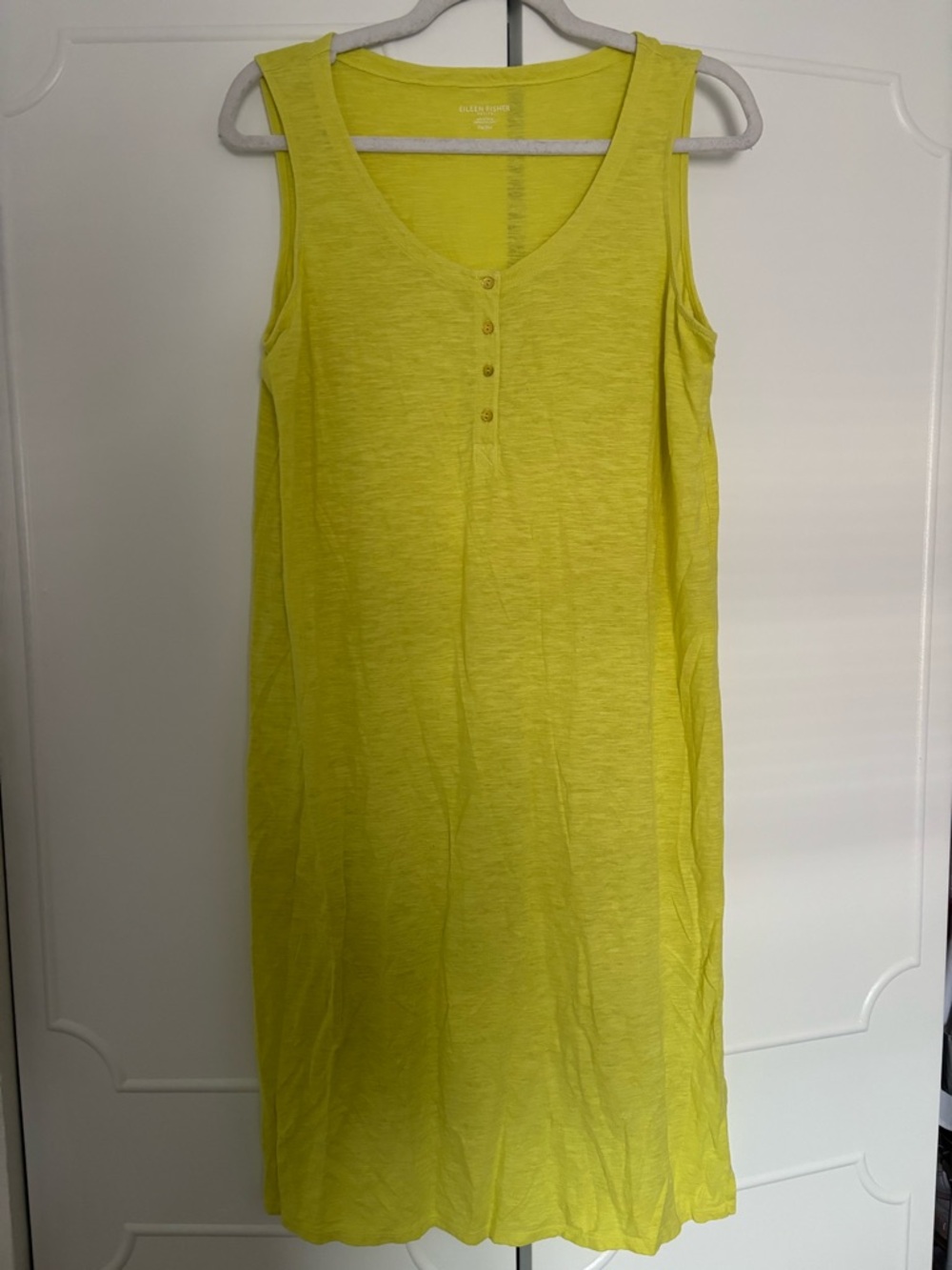Eileen Fisher Yellow Sleeveless Henley Linen-Blend Shift Dress